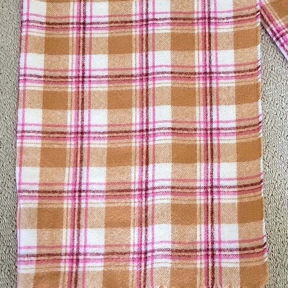 LOFT Outlet Plaid Cream Caramel Brown Pink Maroon Fringed Hem Winter Scarf